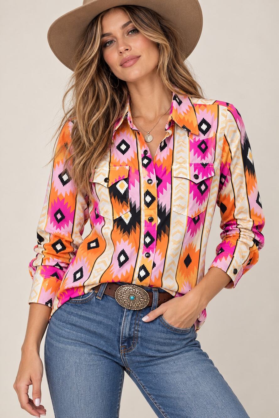 Wrangler Retro Western Snap Shirt Women's M Pink Orange Southwestern Aztec